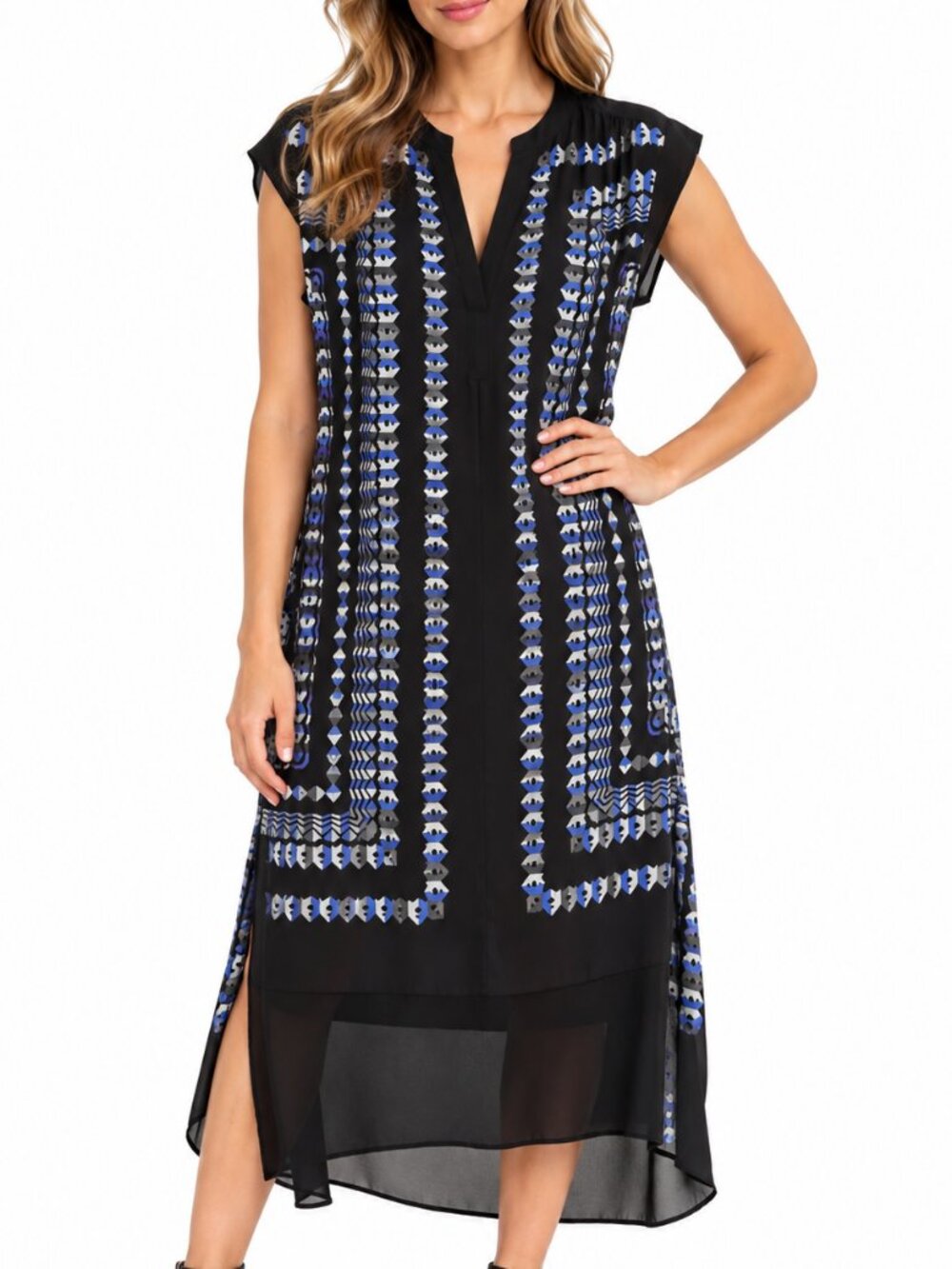 BCBGMAXAZRIA Rayanne Black Blue Geometric High-Low Midi Dress XXS
